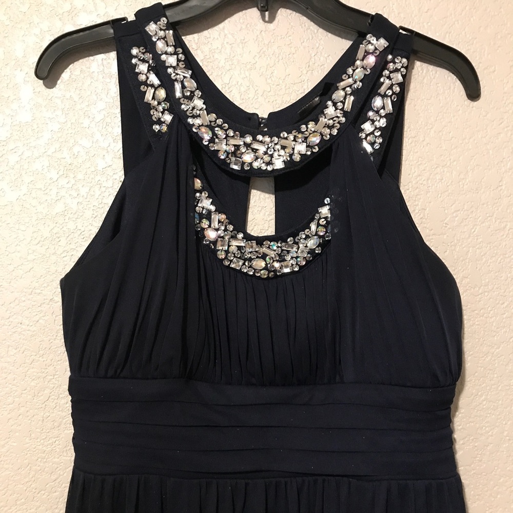 Navy Blue Rhinestone encrusted evening gown bridesmaid prom thigh slit dress